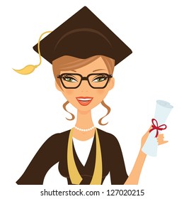 Illustration of a beautiful gradute woman smiling and holding certificate in her hand