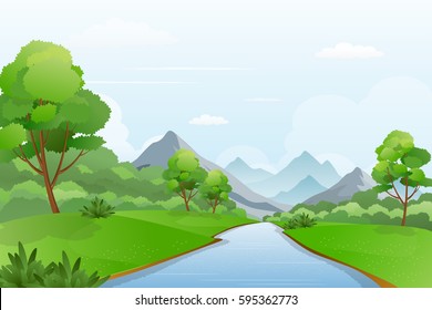 Illustration of Beautiful Green Field and Forest along a River that Flowing from the Mountains.