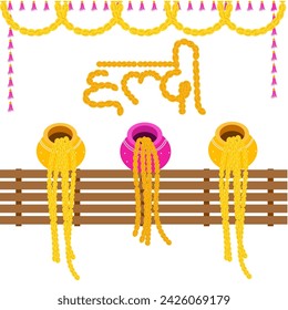 Illustration of Beautiful Haldi Ceremony Setup with Flower Toran Garland, Colorful pots for Decoration and colorful tassle hanging for traditional indian wedding, mehendi, haldi and sangeet ceremony.