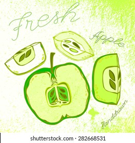 The illustration of  beautiful hand drawn apple on a textured background in fresh and juicy style. Totally vector image. Menu element for cafe or restaurant. Fresh juice for healthy life.