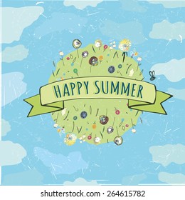 The illustration of beautiful hand drawn background with different flowers and lettering. Cosy and warm picture. Vector image.