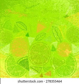 The illustration of  beautiful hand drawn oranges and lemons on a textured background in fresh and juicy style. Totally vector image. Menu element for cafe or restaurant. Fresh juice for healthy life.
