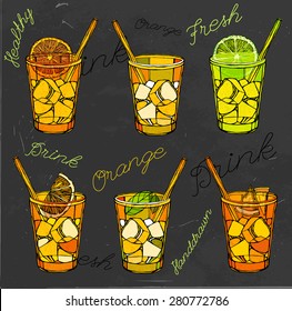 The illustration of  beautiful hand drawn oranges and lemons in a cocktail glass with ice on a textured background in fresh and juicy style. Menu elements set for cafe or restaurant.