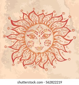 Illustration with beautiful hand drawn red sun symbol on vintage paper. Invitation element. Tattoo design.