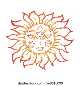 Illustration with beautiful hand drawn red sun symbol on white background . Invitation element. Tattoo design.