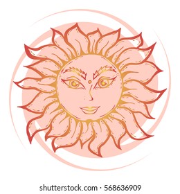 Illustration with beautiful hand drawn red sun symbol on red spiral background. Invitation element. Tattoo design.