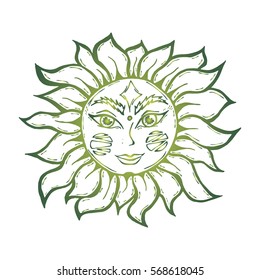Illustration with beautiful hand drawn sun symbol on white background. Invitation element. Tattoo design.