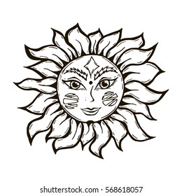 Illustration with beautiful hand drawn sun symbol on white background. Invitation element. Tattoo design.