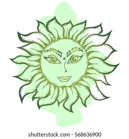Illustration with beautiful hand drawn sun symbol on green background. Invitation element. Tattoo design.