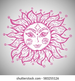 Illustration with beautiful hand drawn sun symbol. Invitation element. Tattoo design.