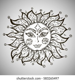 Illustration with beautiful hand drawn sun symbol. Invitation element. Tattoo design.
