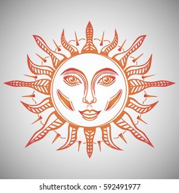 Illustration with beautiful hand drawn sun symbol. Invitation element. Tattoo design.