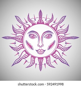 Illustration with beautiful hand drawn sun symbol. Invitation element. Tattoo design.