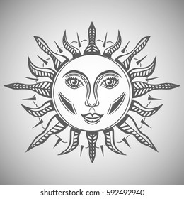 Illustration with beautiful hand drawn sun symbol. Invitation element. Tattoo design.