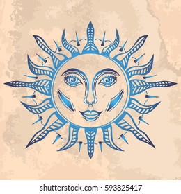 Illustration with beautiful hand drawn sun symbol on vintage paper. Invitation element. Tattoo design.