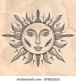 Illustration with beautiful hand drawn sun symbol on vintage paper. Invitation element. Tattoo design.