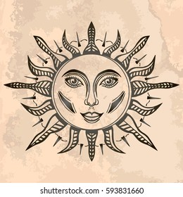 Illustration with beautiful hand drawn sun symbol on vintage paper. Invitation element. Tattoo design.