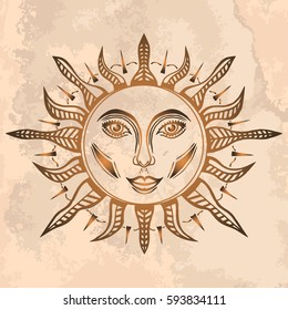 Illustration with beautiful hand drawn sun symbol on vintage paper. Invitation element. Tattoo design.