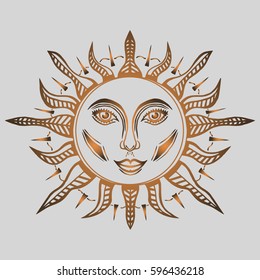 Illustration with beautiful hand drawn sun symbol. Invitation element. Tattoo design.