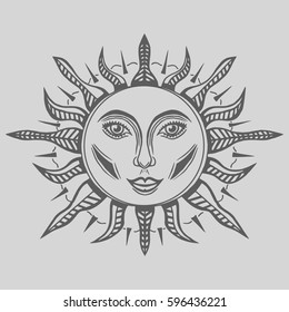 Illustration with beautiful hand drawn sun symbol. Invitation element. Tattoo design.