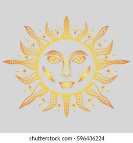 Illustration with beautiful hand drawn sun symbol. Invitation element. Tattoo design.