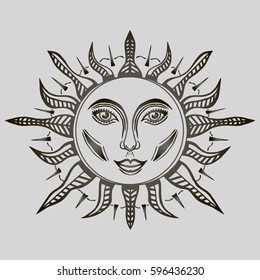 Illustration with beautiful hand drawn sun symbol. Invitation element. Tattoo design.