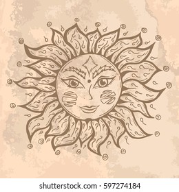 Illustration with beautiful hand drawn sun symbol on vintage paper. Invitation element. Tattoo design.