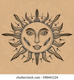 Illustration with beautiful hand drawn sun symbol on brown background with mandalas. Invitation element. Tattoo design.