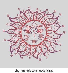Illustration with beautiful hand drawn sun symbol. Invitation element. Tattoo design.