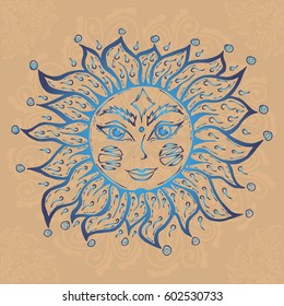 Illustration with beautiful hand drawn sun symbol on brown background with mandalas. Invitation element. Tattoo design.
