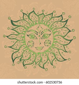 Illustration with beautiful hand drawn sun symbol on brown background with mandalas. Invitation element. Tattoo design.