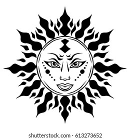 Illustration with beautiful hand drawn sun symbol. Invitation element. Tattoo design. Drawing for coloring book. Heraldry and logo concept art.