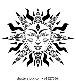 Illustration with beautiful hand drawn sun symbol. Invitation element. Tattoo design. Drawing for coloring book. Heraldry and logo concept art.