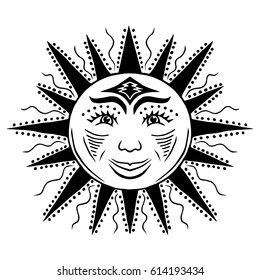 Illustration with beautiful hand drawn sun symbol. Invitation element. Tattoo design. Drawing for coloring book. Heraldry and logo concept art.