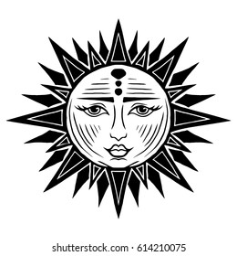 Illustration with beautiful hand drawn sun symbol. Invitation element. Tattoo design. Drawing for coloring book. Heraldry and logo concept art.