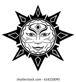 Illustration with beautiful hand drawn sun symbol. Invitation element. Tattoo design. Drawing for coloring book. Heraldry and logo concept art.