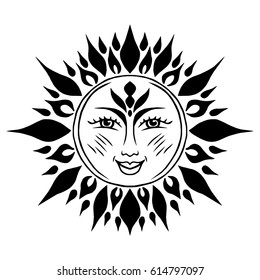Illustration with beautiful hand drawn sun symbol. Invitation element. Tattoo design. Drawing for coloring book. Heraldry and logo concept art.