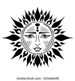 Illustration with beautiful hand drawn sun symbol. Invitation element. Tattoo design. Drawing for coloring book. Heraldry and logo concept art.