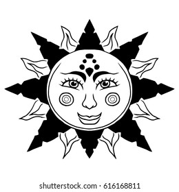Illustration with beautiful hand drawn sun symbol. Invitation element. Tattoo design. Drawing for coloring book. Heraldry and logo concept art.