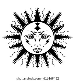 Illustration with beautiful hand drawn sun symbol. Invitation element. Tattoo design. Drawing for coloring book. Heraldry and logo concept art.