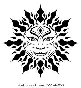 Illustration with beautiful hand drawn sun symbol. Invitation element. Tattoo design. Drawing for coloring book. Heraldry and logo concept art.