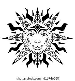 Illustration with beautiful hand drawn sun symbol. Invitation element. Tattoo design. Drawing for coloring book. Heraldry and logo concept art.