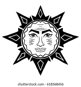Illustration with beautiful hand drawn sun symbol. Invitation element. Tattoo design. Drawing for coloring book. Heraldry and logo concept art.