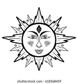 Illustration with beautiful hand drawn sun symbol. Invitation element. Tattoo design. Drawing for coloring book. Heraldry and logo concept art.