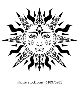 Illustration with beautiful hand drawn sun symbol. Invitation element. Tattoo design. Drawing for coloring book. Heraldry and logo concept art.
