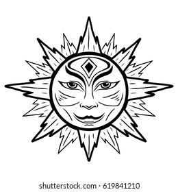 Illustration with beautiful hand drawn sun symbol. Invitation element. Tattoo design. Drawing for coloring book. Heraldry and logo concept art.