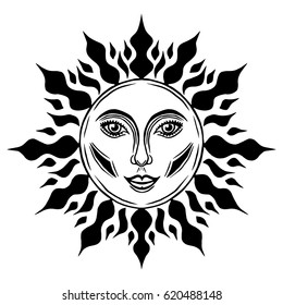Illustration with beautiful hand drawn sun symbol. Invitation element. Tattoo design. Drawing for coloring book. Heraldry and logo concept art.