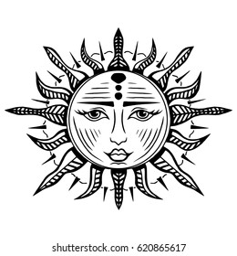 Illustration with beautiful hand drawn sun symbol. Invitation element. Tattoo design. Drawing for coloring book. Heraldry and logo concept art.