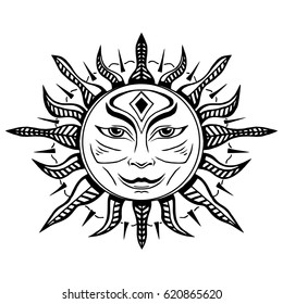 Illustration with beautiful hand drawn sun symbol. Invitation element. Tattoo design. Drawing for coloring book. Heraldry and logo concept art.