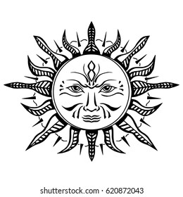 Illustration with beautiful hand drawn sun symbol. Invitation element. Tattoo design. Drawing for coloring book. Heraldry and logo concept art.
